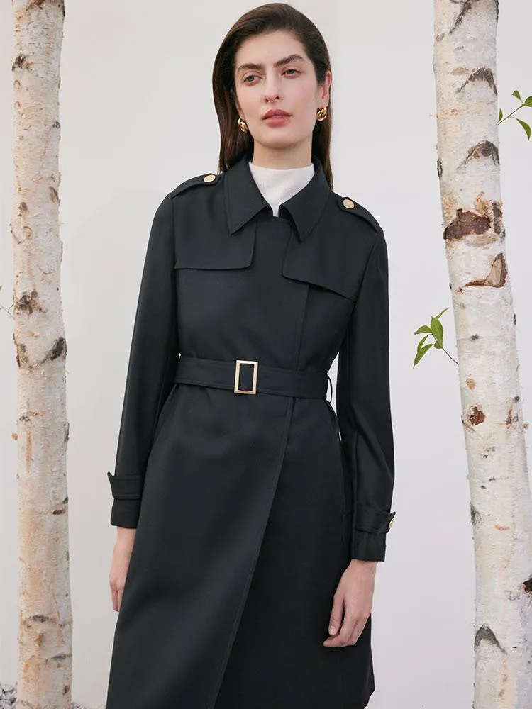 Worsted Wool Trench Coat With Belt