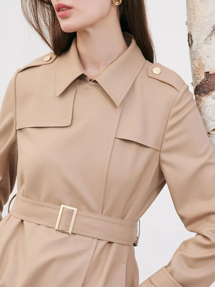 Worsted Wool Trench Coat With Belt