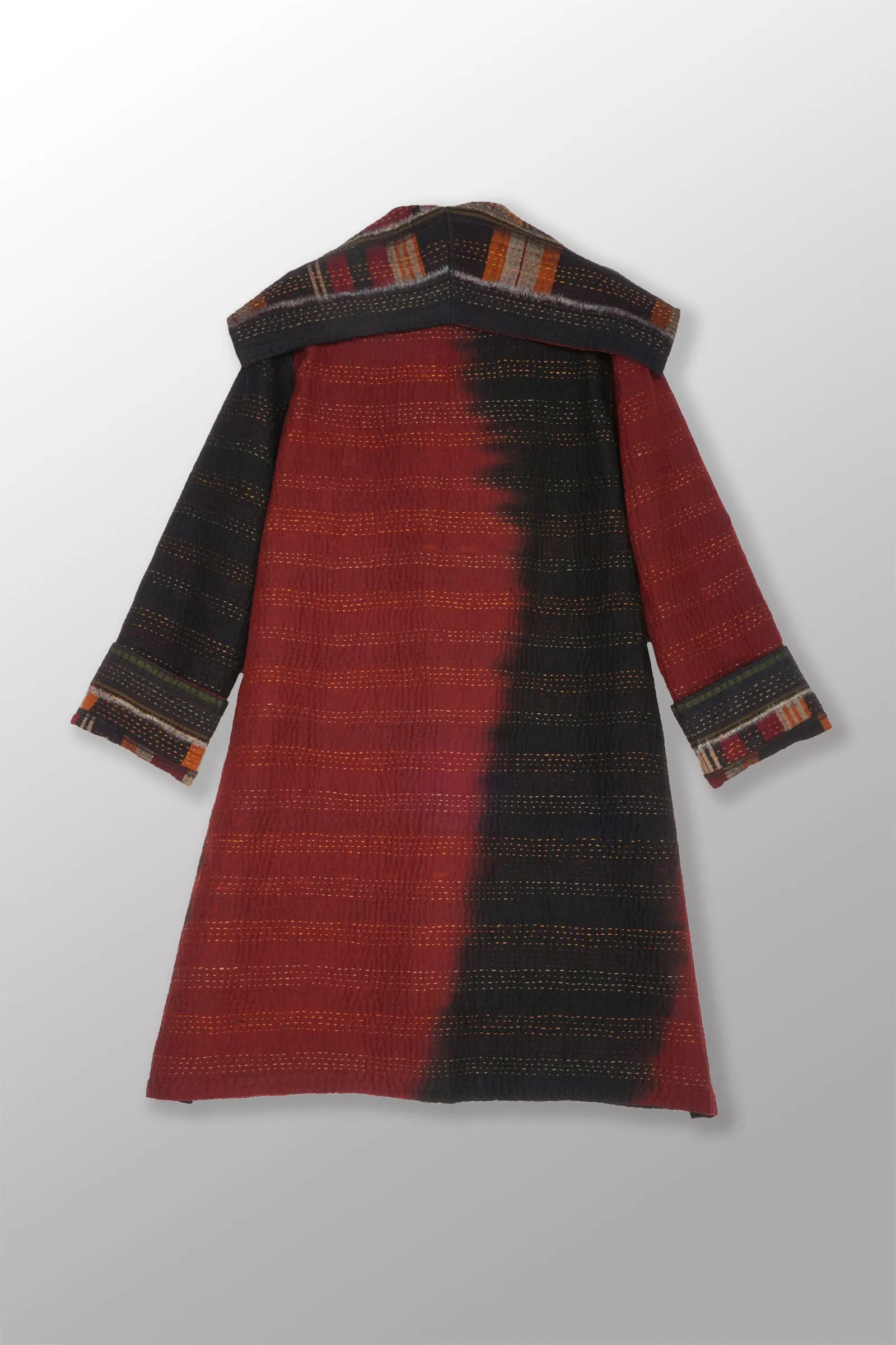 WOVEN HANDLOOM IKAT WITH OMBRE KANTHA POCKET MEDIUM COAT - wh4316-red -