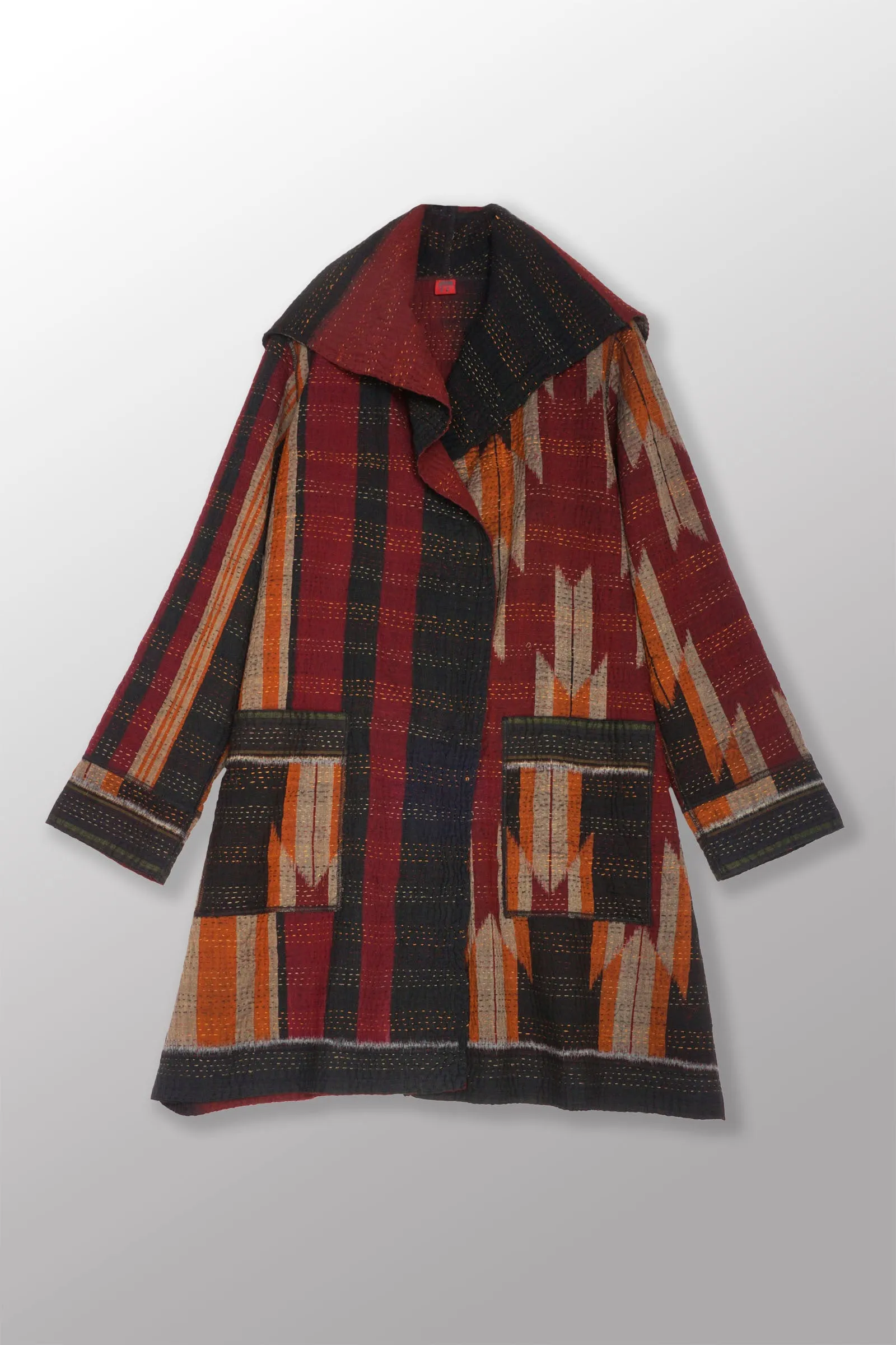 WOVEN HANDLOOM IKAT WITH OMBRE KANTHA POCKET MEDIUM COAT - wh4316-red -