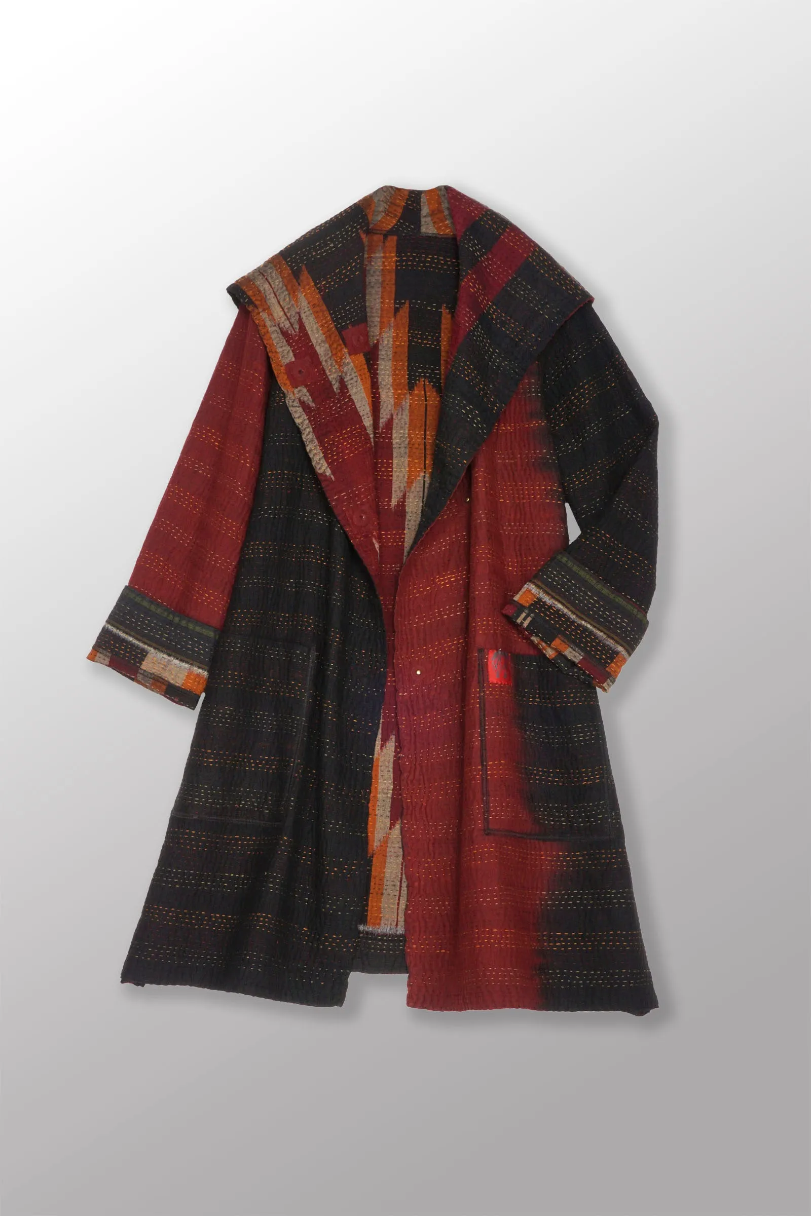 WOVEN HANDLOOM IKAT WITH OMBRE KANTHA POCKET MEDIUM COAT - wh4316-red -