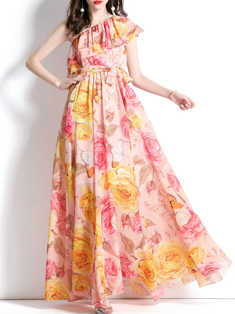 Yellow And Pink One Shoulder Rose Floral Print Boho Dress Maxi Dress