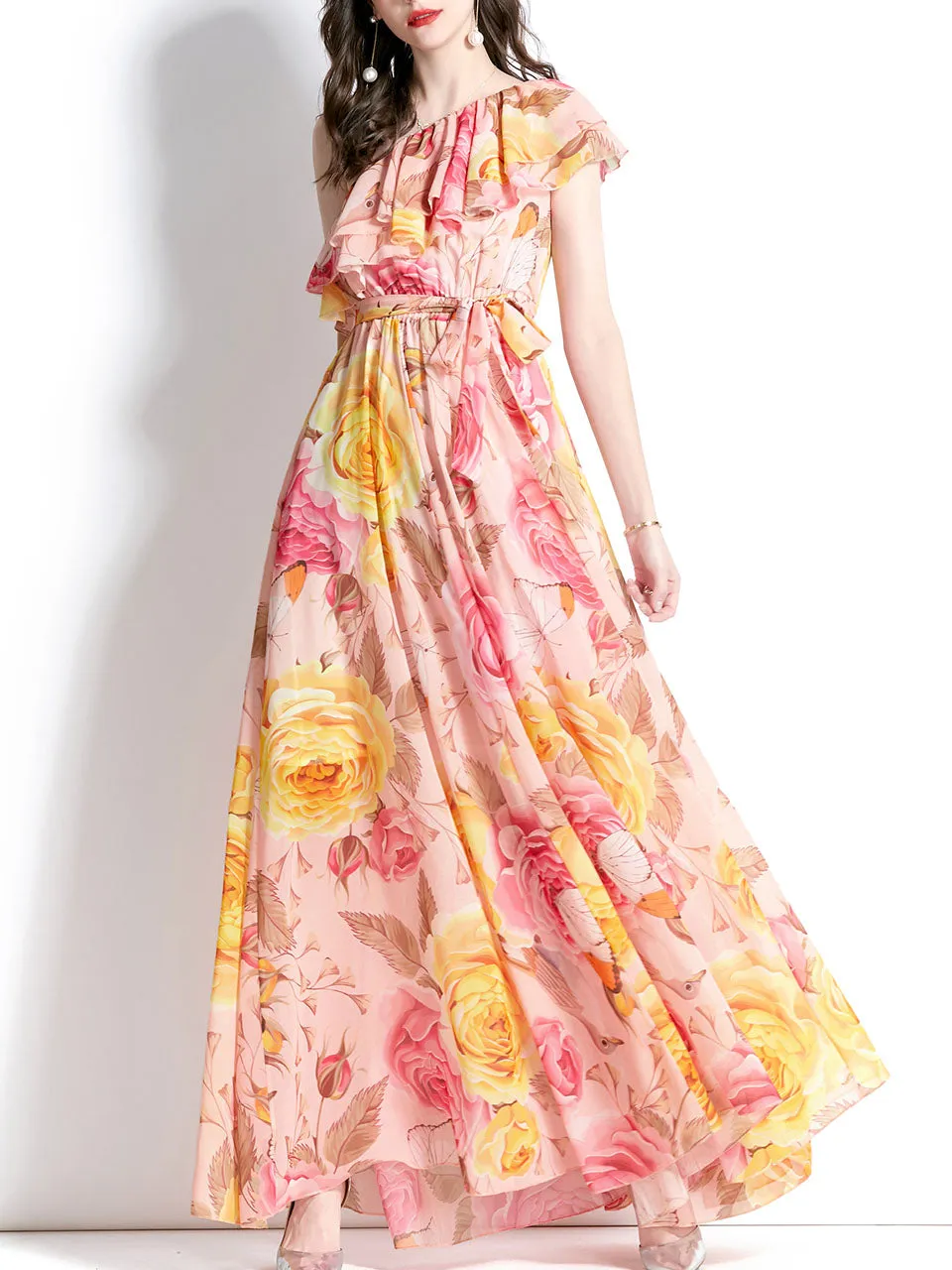 Yellow And Pink One Shoulder Rose Floral Print Boho Dress Maxi Dress