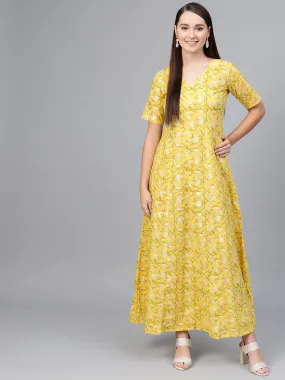 Yellow Multi Colored Floral Printed Maxi Dress With V Neck & 3/4 Sleeves