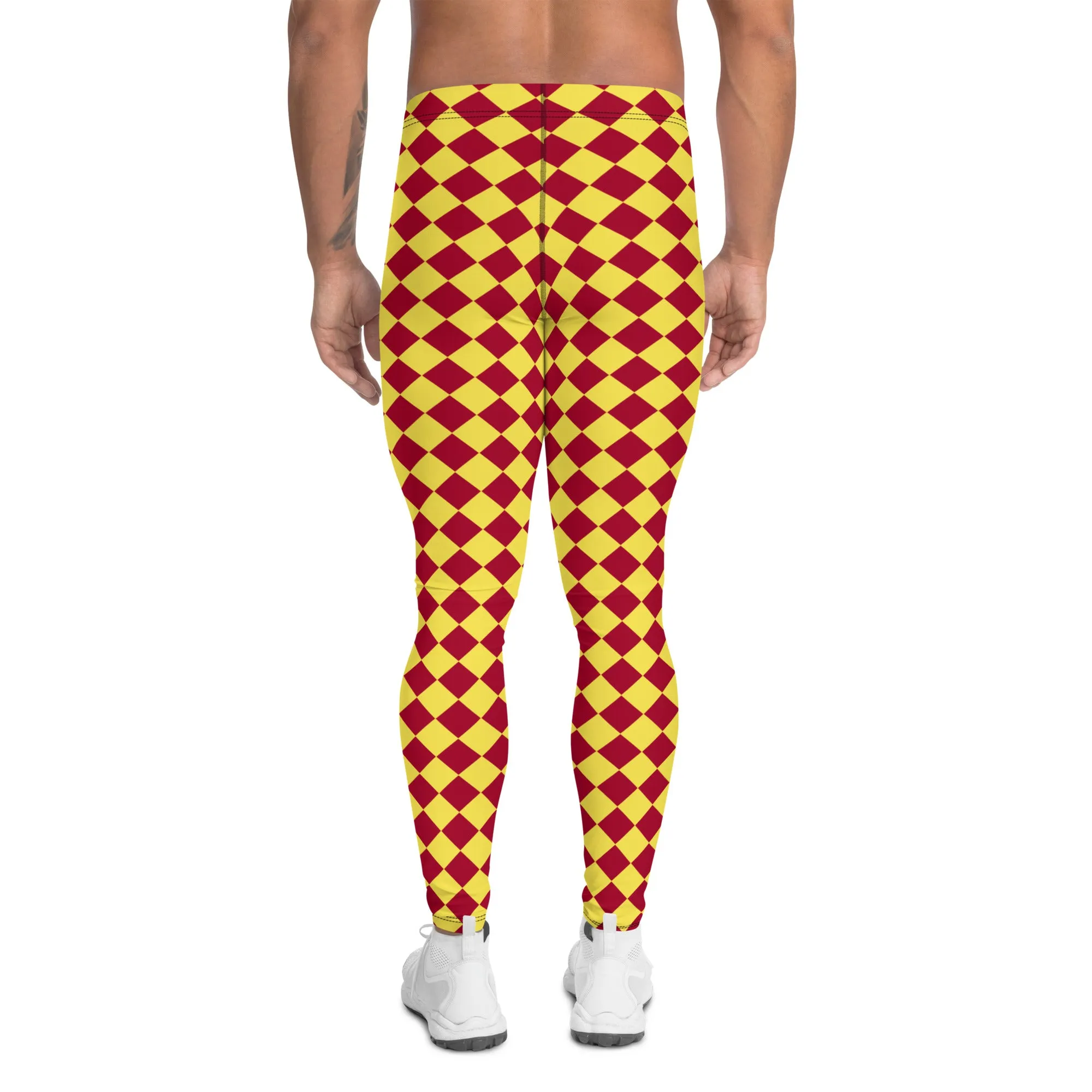 Yellow Red Checkered Men's Leggings, Check Pants Men, Men's Plaid Pants, Checkered Pants - Made in USA/EU/MX