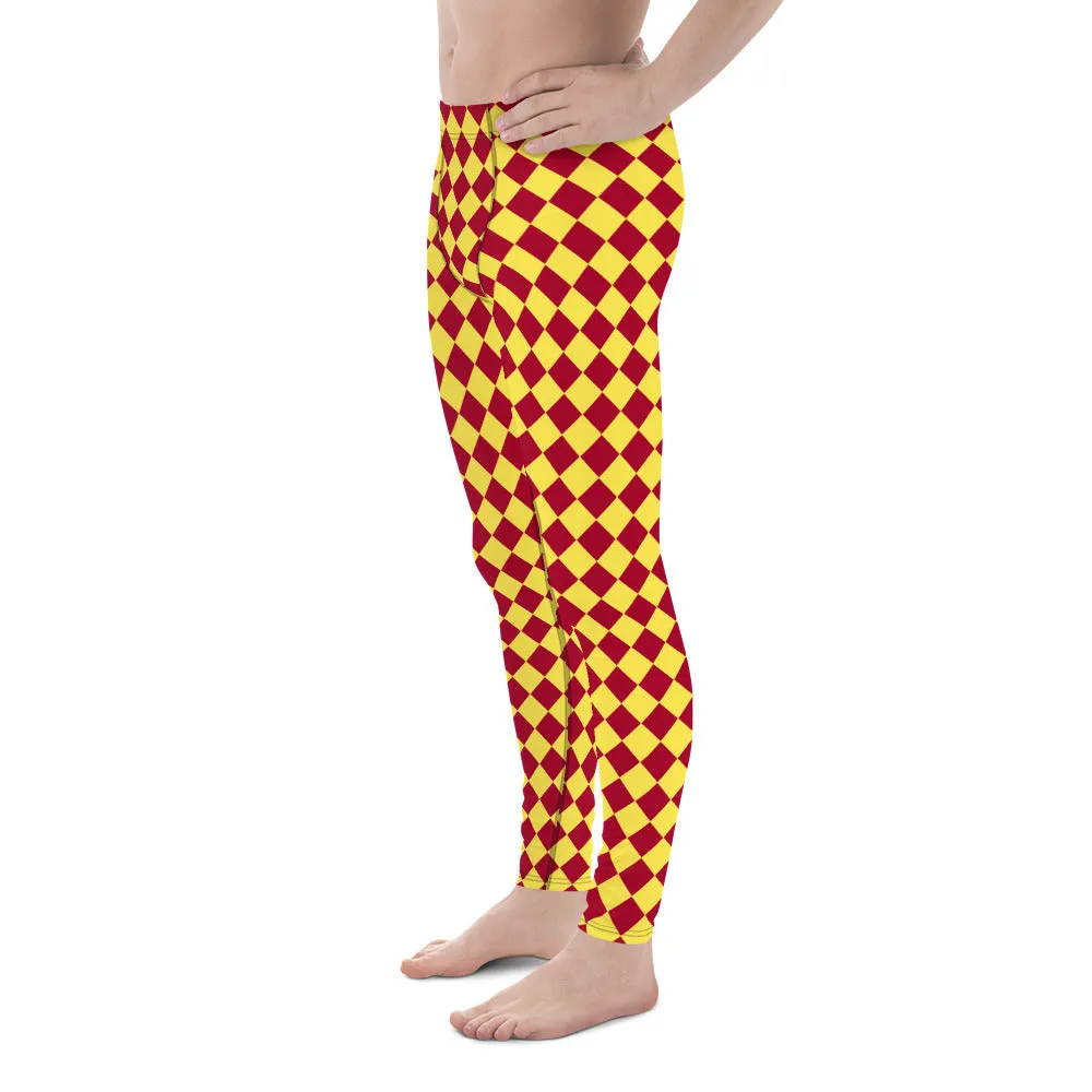 Yellow Red Checkered Men's Leggings, Check Pants Men, Men's Plaid Pants, Checkered Pants - Made in USA/EU/MX