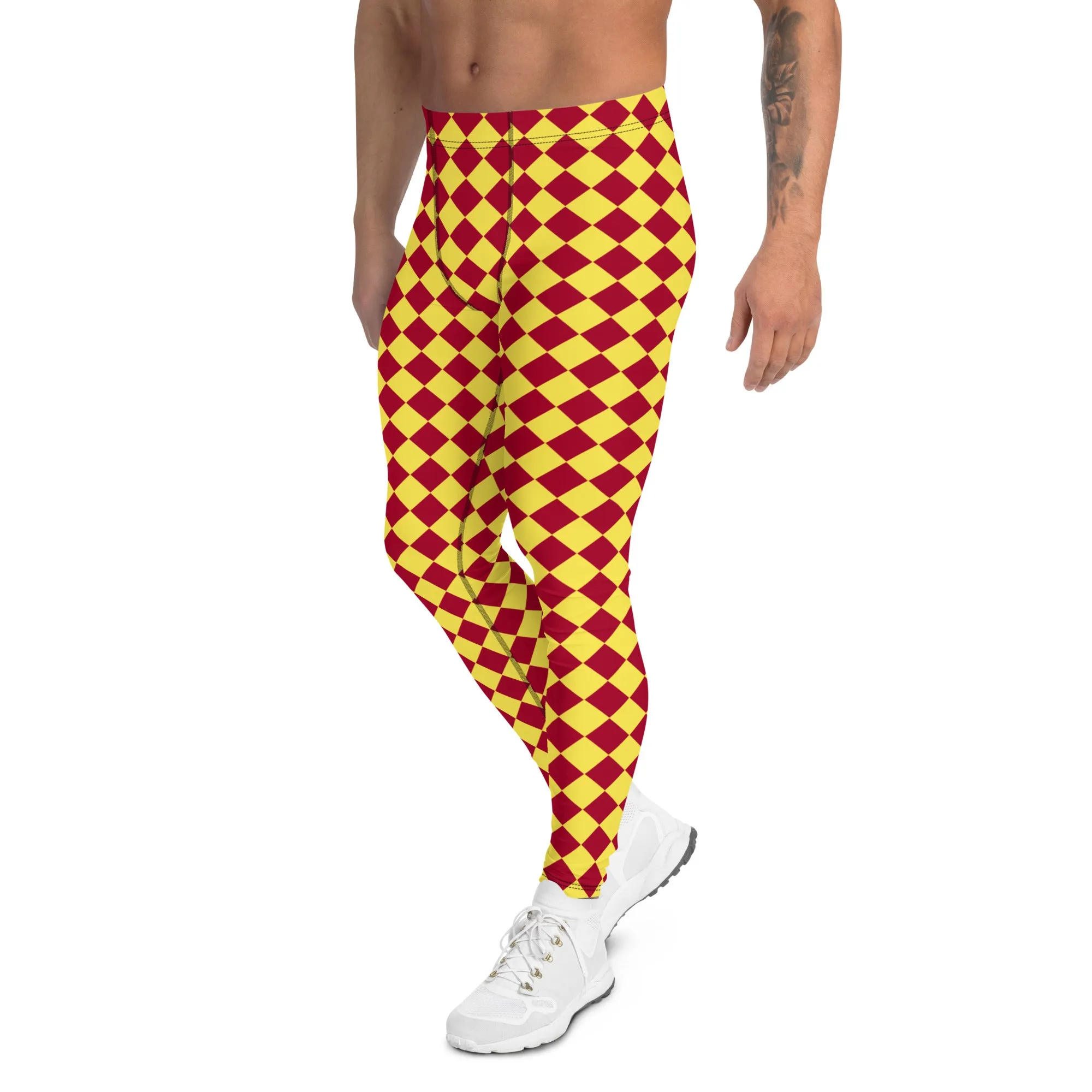 Yellow Red Checkered Men's Leggings, Check Pants Men, Men's Plaid Pants, Checkered Pants - Made in USA/EU/MX