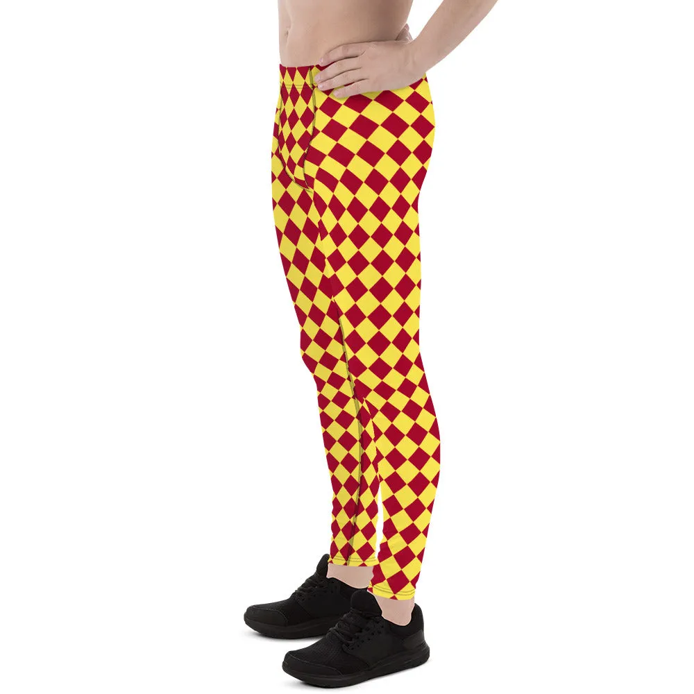 Yellow Red Checkered Men's Leggings, Check Pants Men, Men's Plaid Pants, Checkered Pants - Made in USA/EU/MX