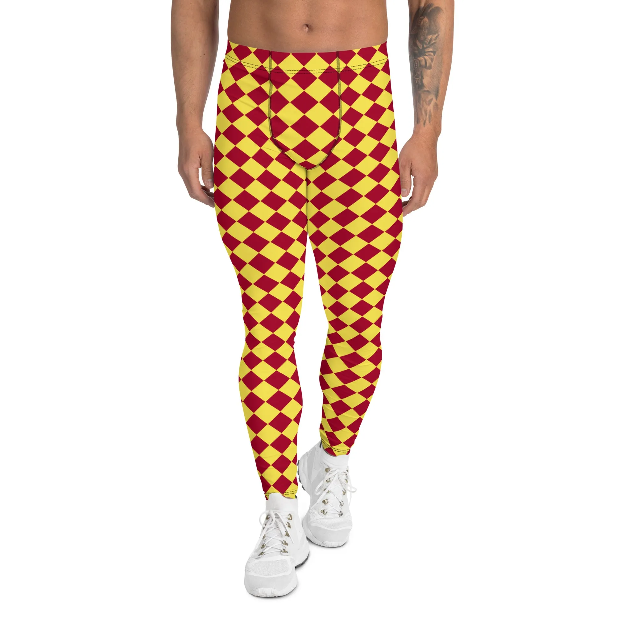 Yellow Red Checkered Men's Leggings, Check Pants Men, Men's Plaid Pants, Checkered Pants - Made in USA/EU/MX