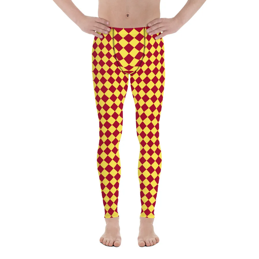 Yellow Red Checkered Men's Leggings, Check Pants Men, Men's Plaid Pants, Checkered Pants - Made in USA/EU/MX