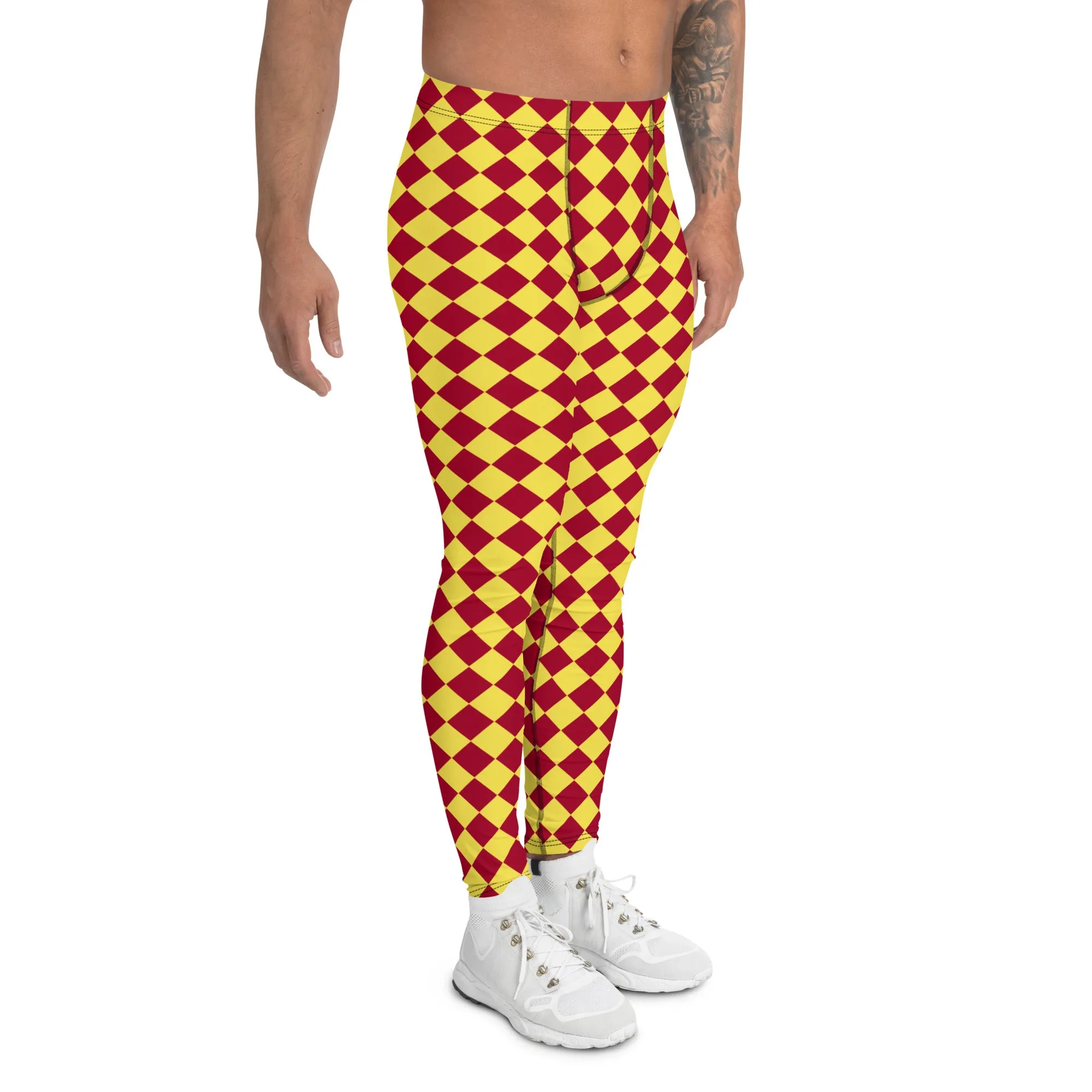 Yellow Red Checkered Men's Leggings, Check Pants Men, Men's Plaid Pants, Checkered Pants - Made in USA/EU/MX