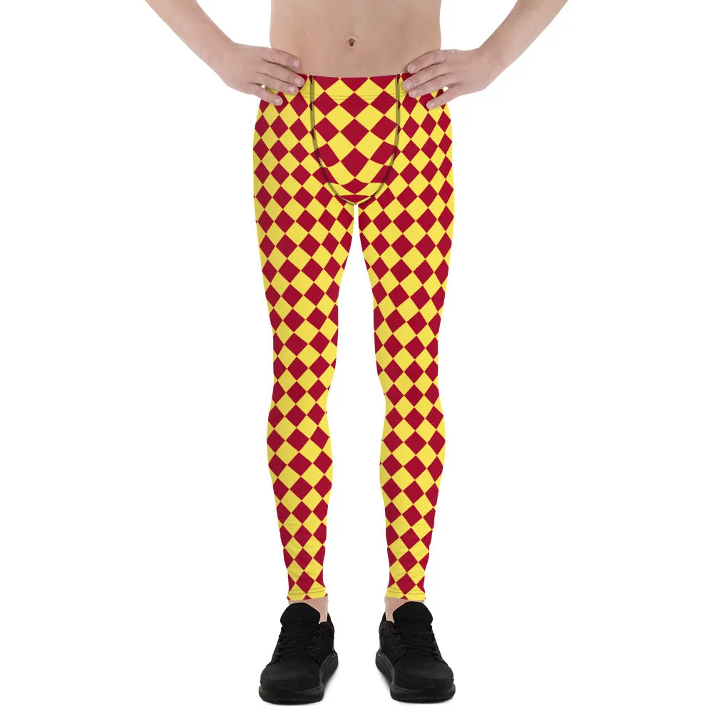 Yellow Red Checkered Men's Leggings, Check Pants Men, Men's Plaid Pants, Checkered Pants - Made in USA/EU/MX