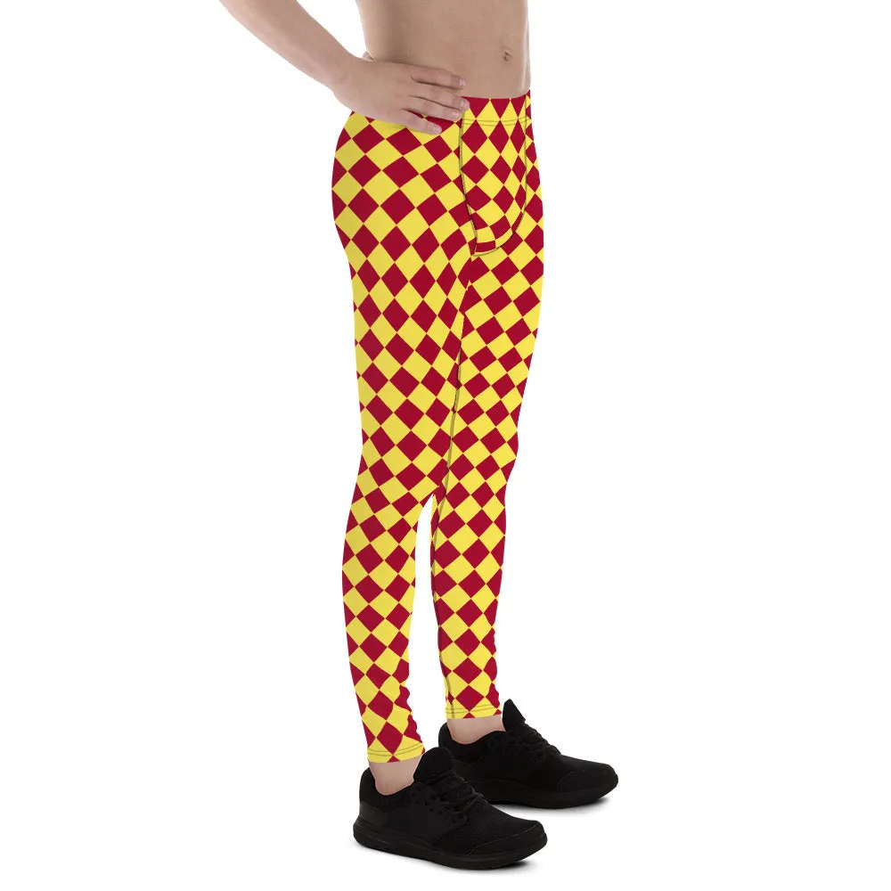 Yellow Red Checkered Men's Leggings, Check Pants Men, Men's Plaid Pants, Checkered Pants - Made in USA/EU/MX