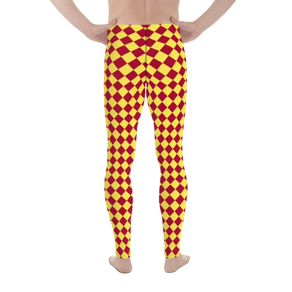 Yellow Red Checkered Men's Leggings, Check Pants Men, Men's Plaid Pants, Checkered Pants - Made in USA/EU/MX